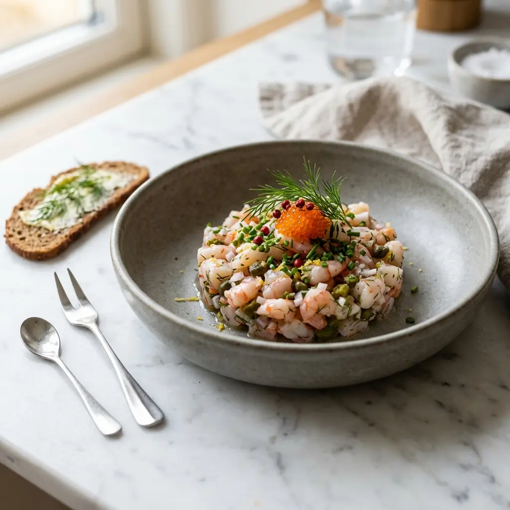 En elegant anrettet reje tatar serveret som en frisk og delikat forret på en tallerken
