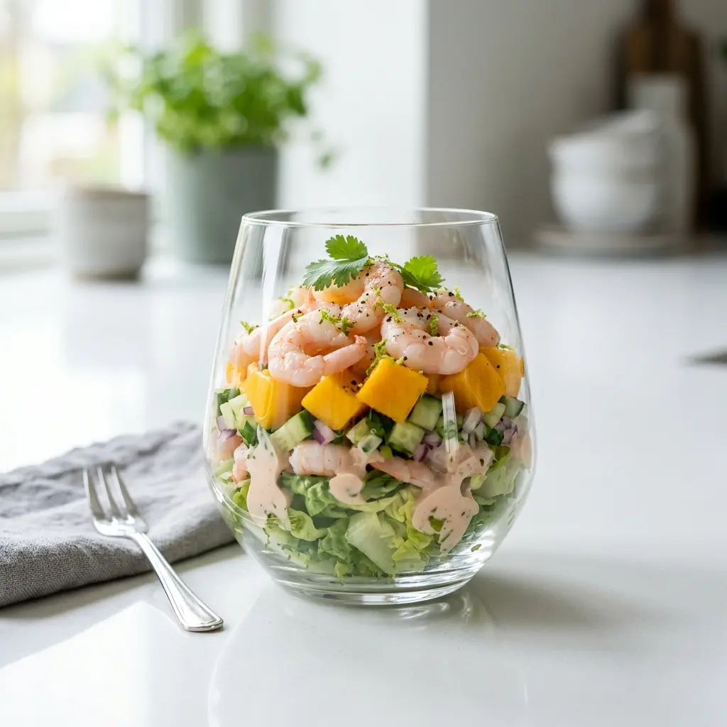 En frisk og indbydende rejecocktail med mango serveret i et elegant glas som forret