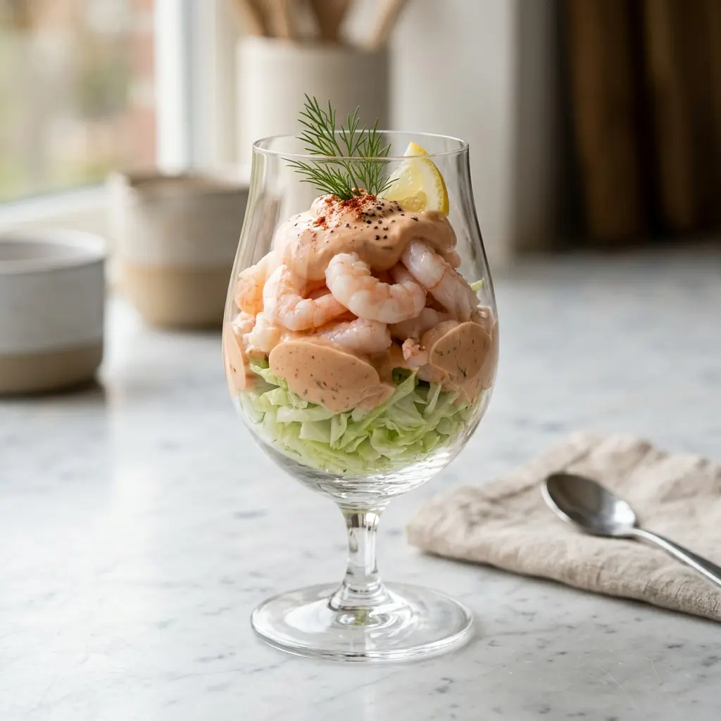 En klassisk anrettet rejecocktail i et elegant glas med friske rejer og cremet dressing