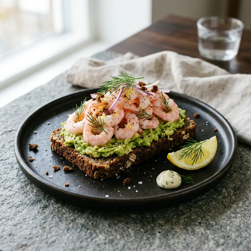 En lækker og frisk rejemad med avocado anrettet på en skive ristet brød med dild