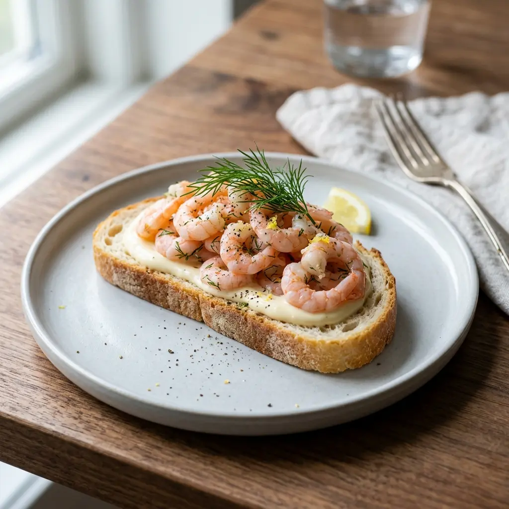 rejemad å franskbrød anrettet som indbydende ret