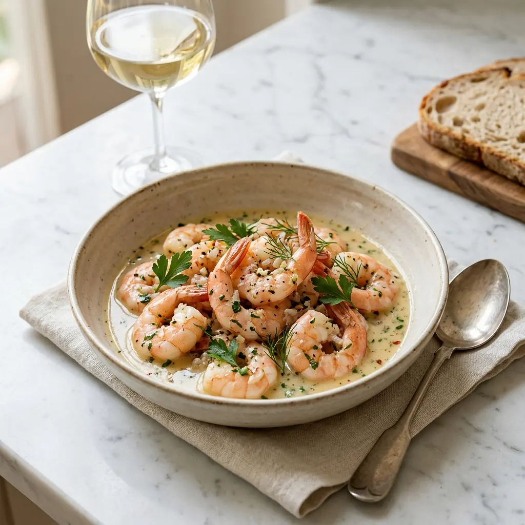 En lækker tallerken med saftige rejer i hvidvin serveret med frisk persille og sprødt brød