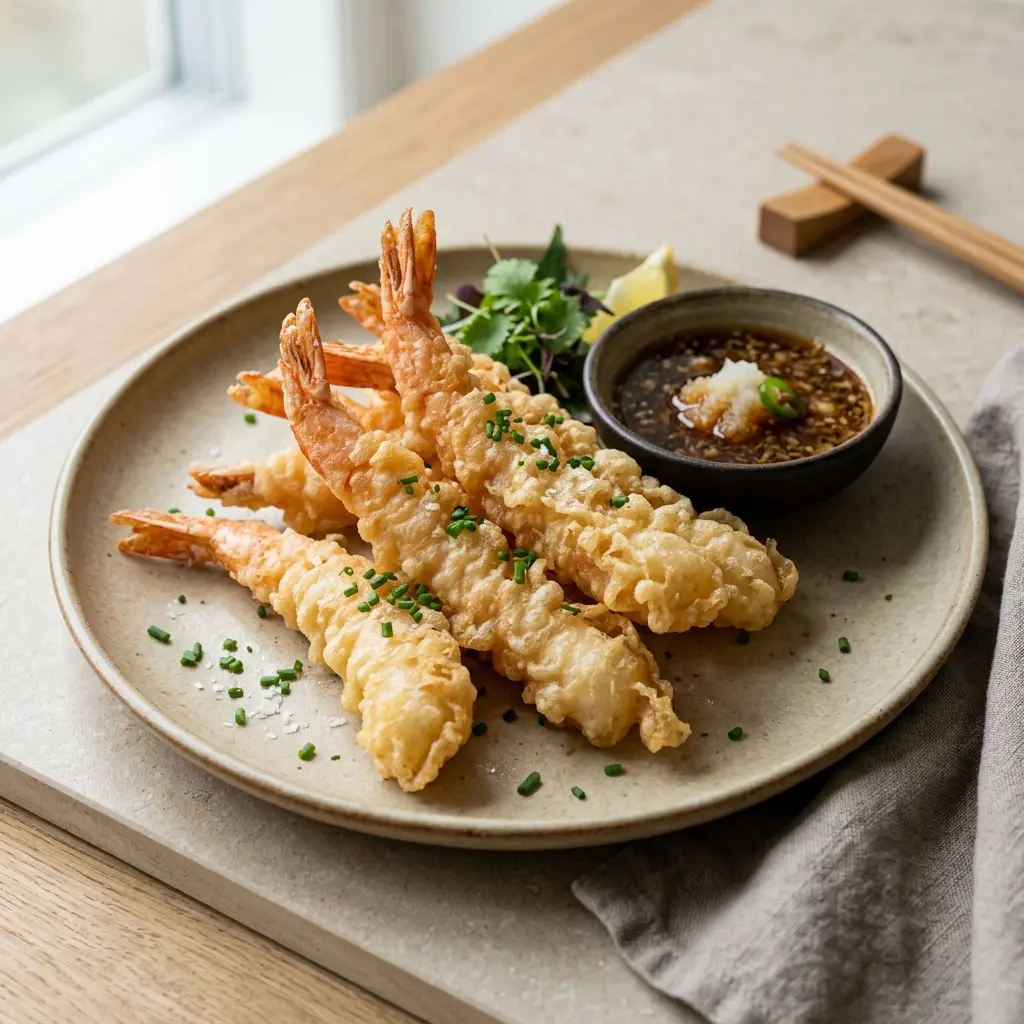 En tallerken med sprøde og gyldne rejer i tempura serveret med en lækker dyppelse til