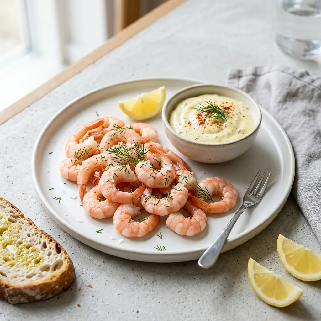 En lækker tallerken med friske rejer med aioli serveret som en let og velsmagende forret