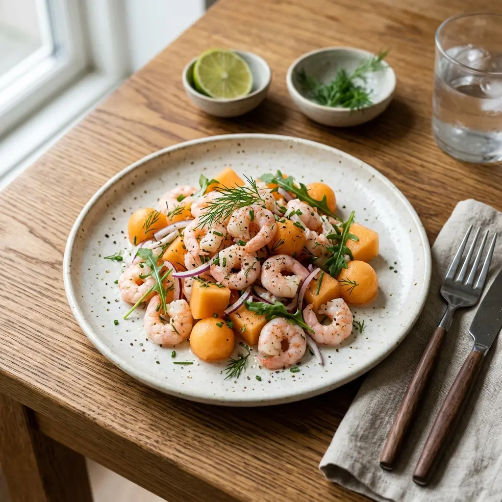 En frisk anretning af rejer med melon serveret som en let og sommerlig forret