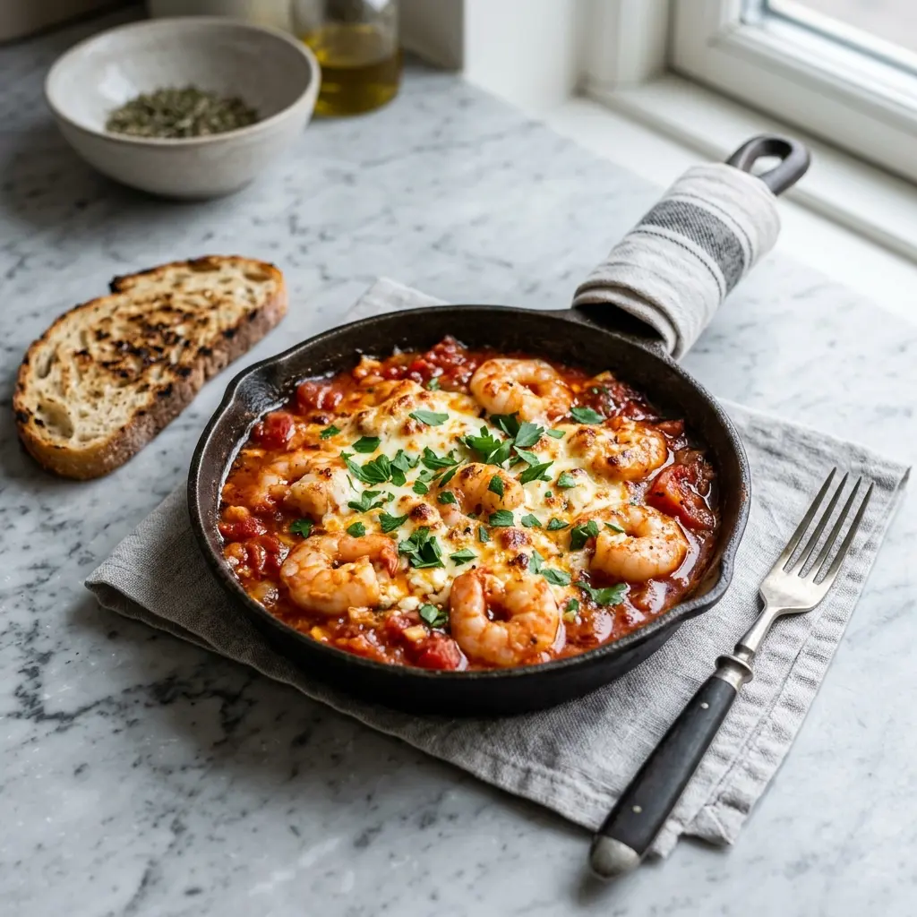 En lækker tallerken med rejer saganaki serveret i en varm pande med smeltet fetaost