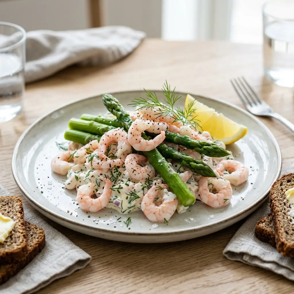 En frisk og cremet rejesalat med asparges anrettet i en flot skål til frokostbordet