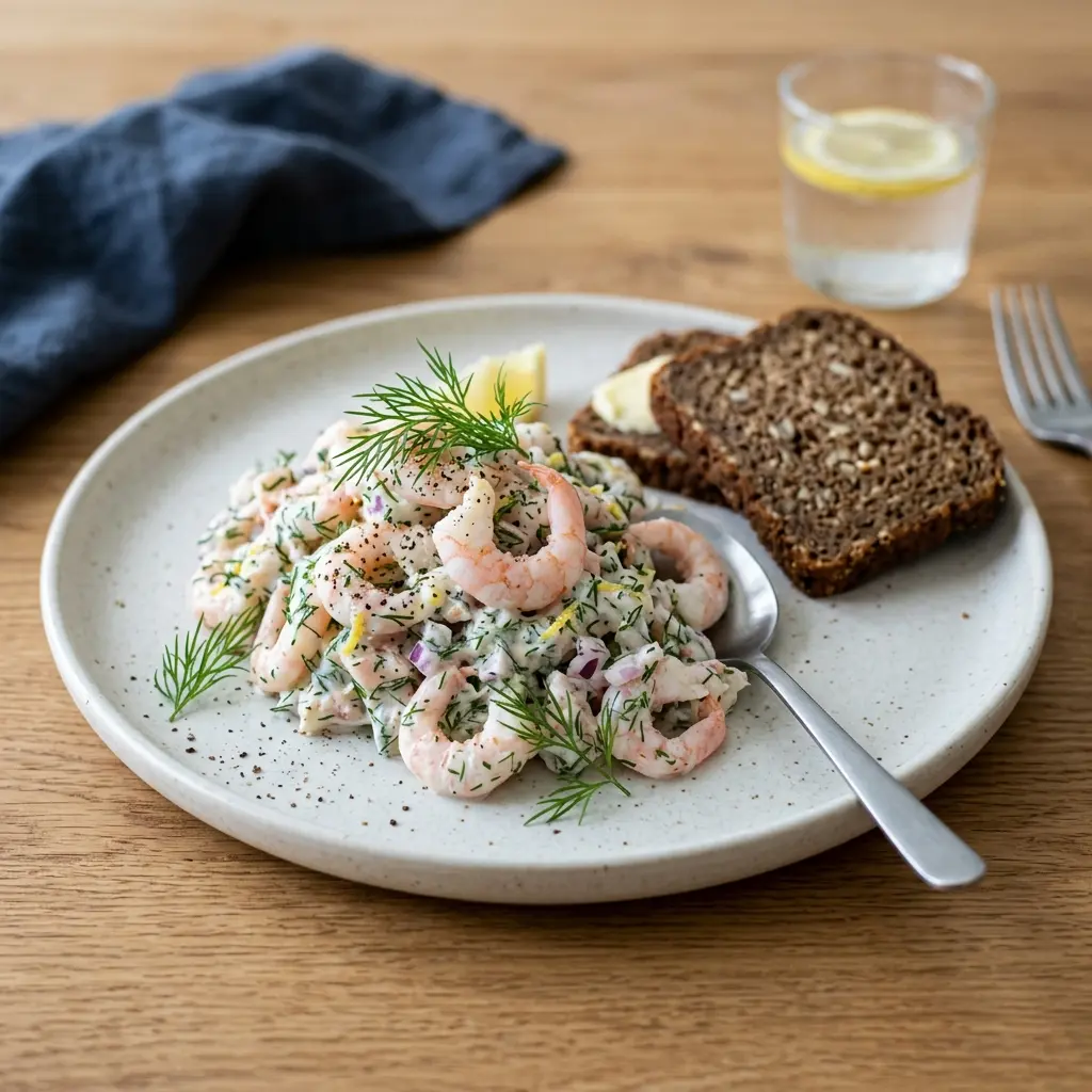En frisk og cremet rejesalat med dild anrettet i en skål klar til servering