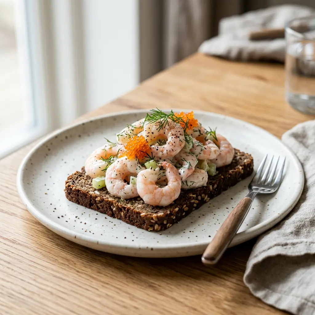 En lækker og cremet rejesalat til rugbrød anrettet på en skive friskbagt mørkt rugbrød