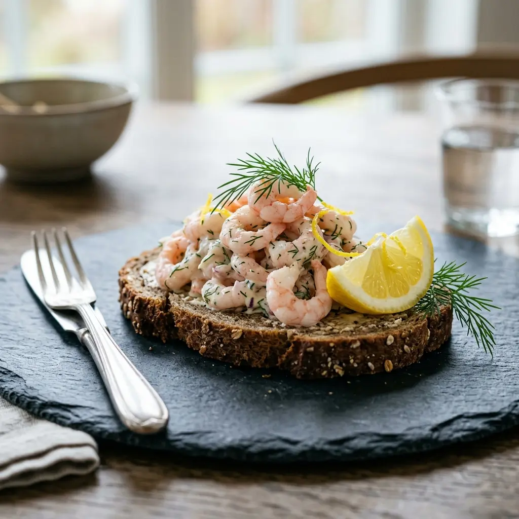 En lækker og frisk anrettet rejesandwich med masser af store rejer på sprødt og lyst brød