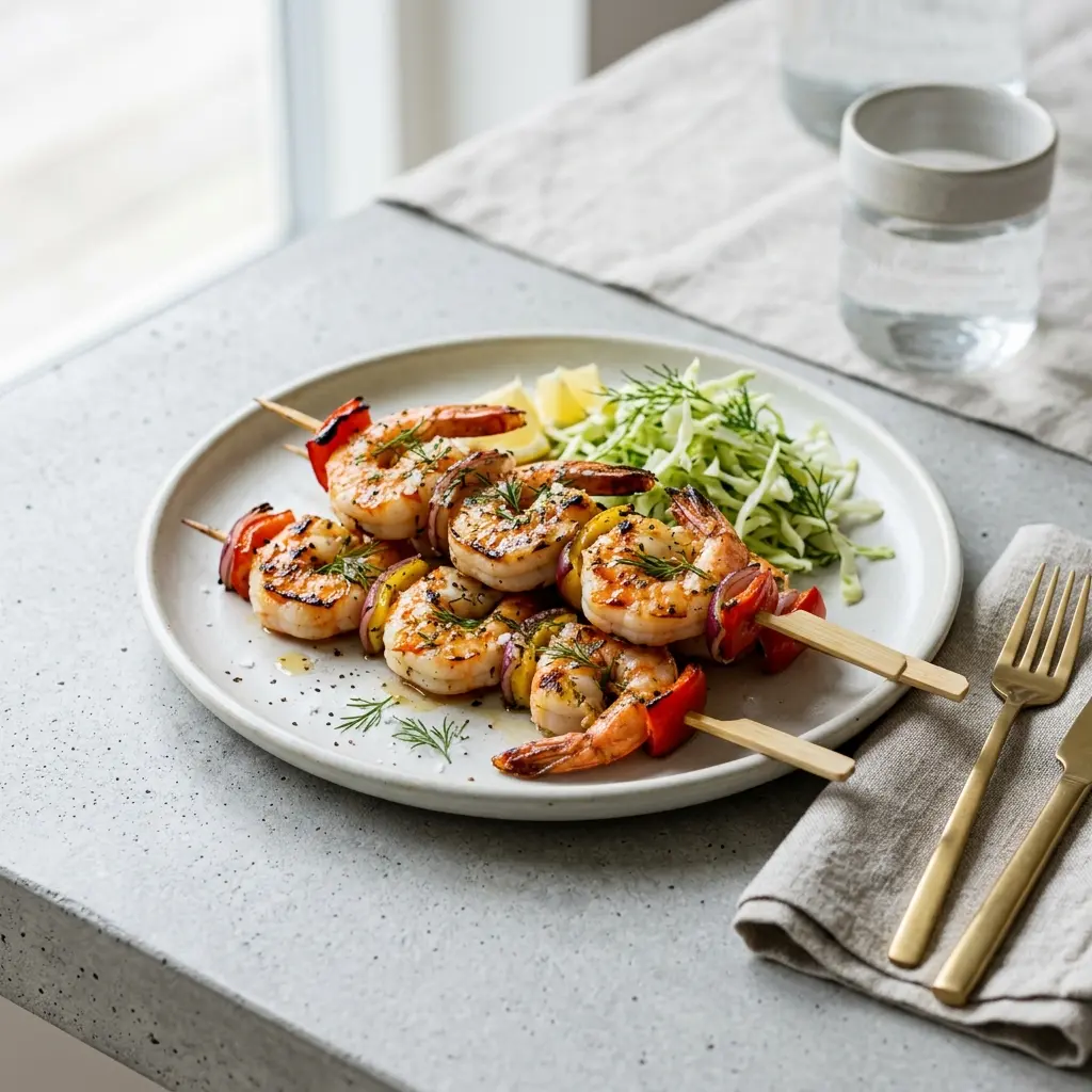 Grillede rejespyd serveret på et fad klar til servering som en lækker og let forret