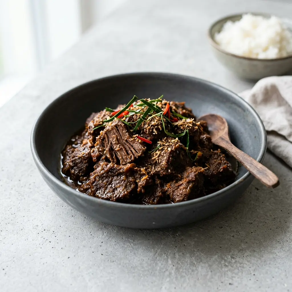 En lækker og krydret indonesisk rendang med oksekød serveret i en dyb skål med ris