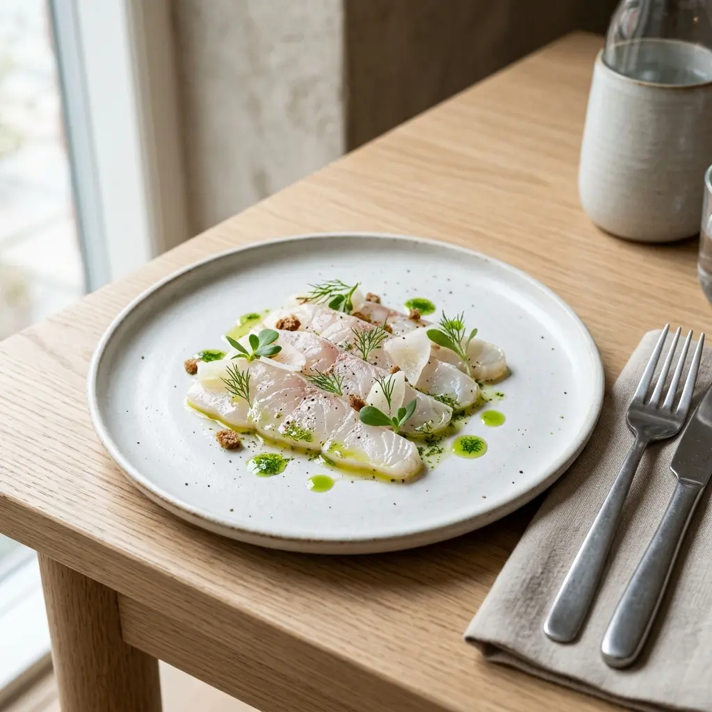 En smukt anrettet tallerken med frisk rimmet torsk pyntet med friske krydderurter og citron