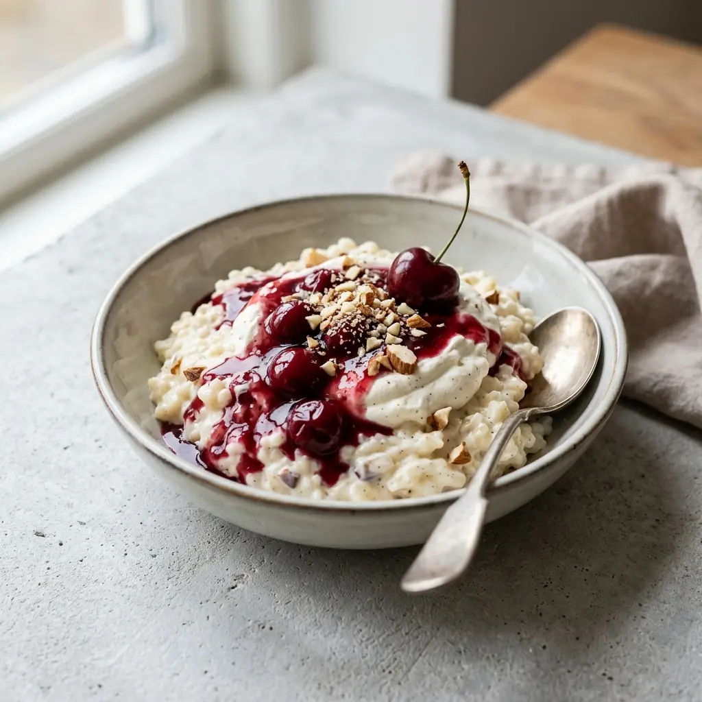 En klassisk dansk risalamande serveret i en flot skål med en lun kirsebærsauce over