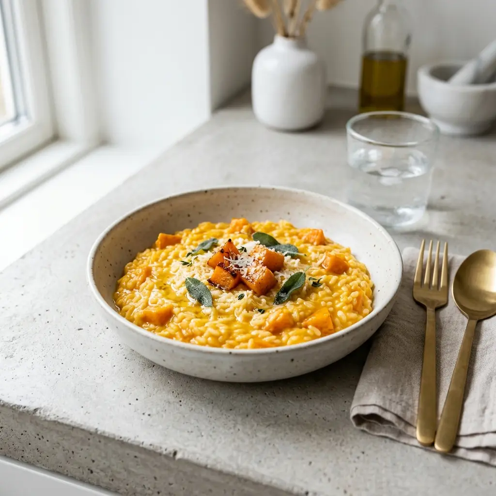 En cremet og smagfuld risotto med græskar anrettet i en dyb tallerken til aftensmad