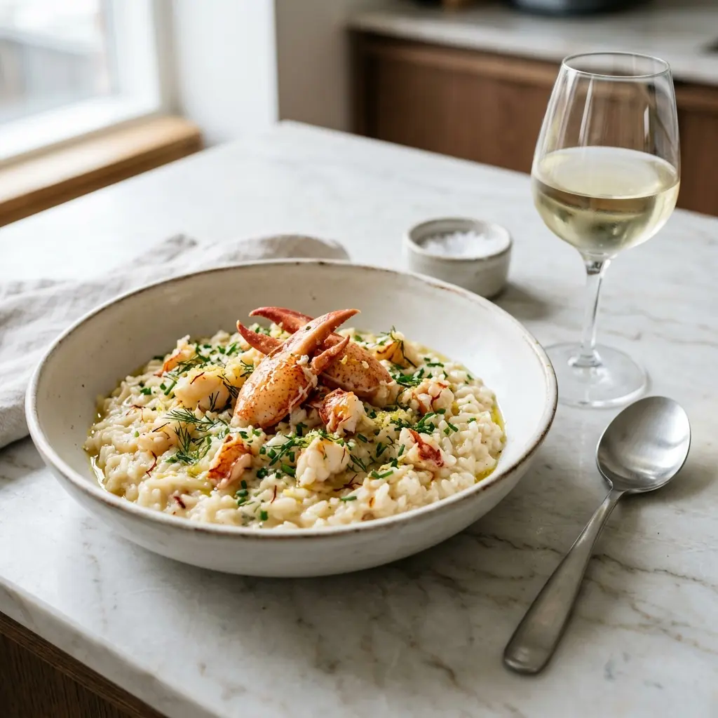 En smukt anrettet tallerken med cremet risotto med jomfruhummer pyntet med friske krydderurter