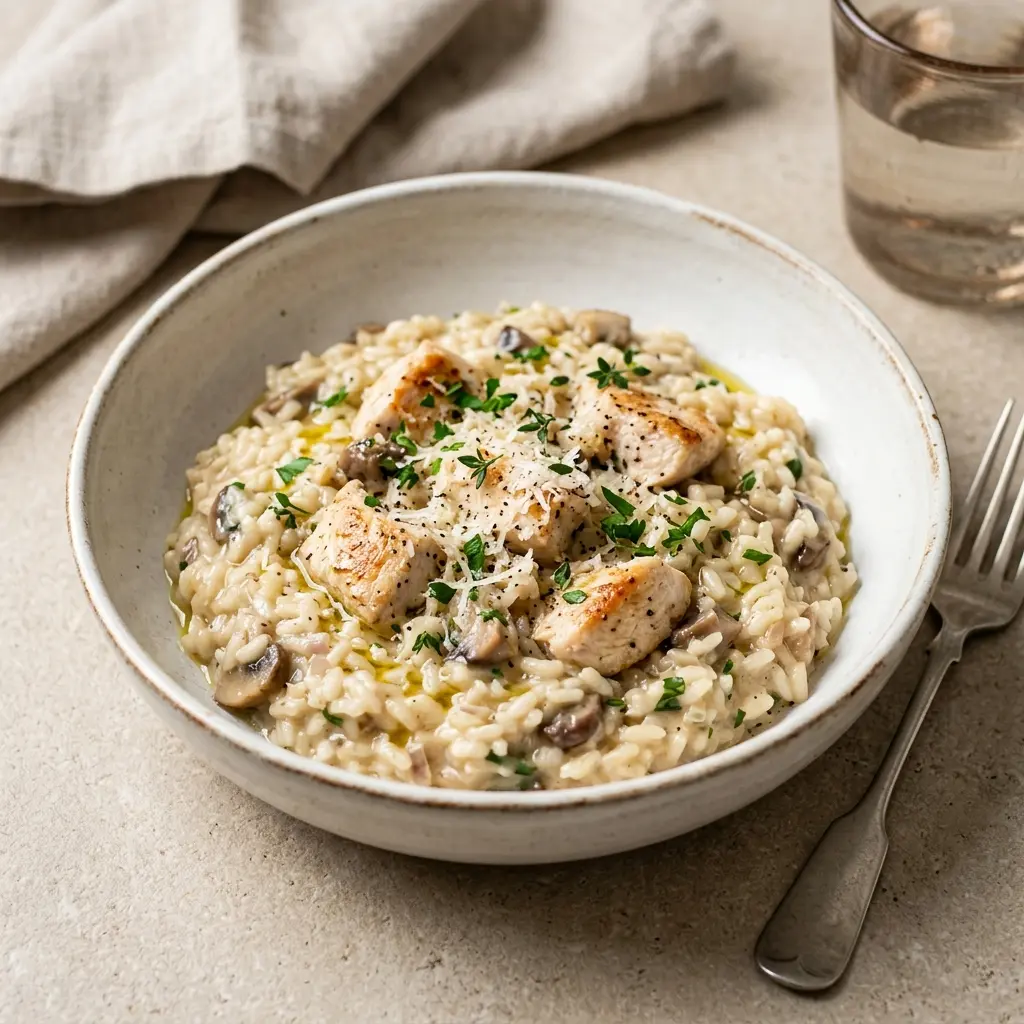 En lækker og cremet risotto med kylling pyntet med friske krydderurter på en hvid tallerken