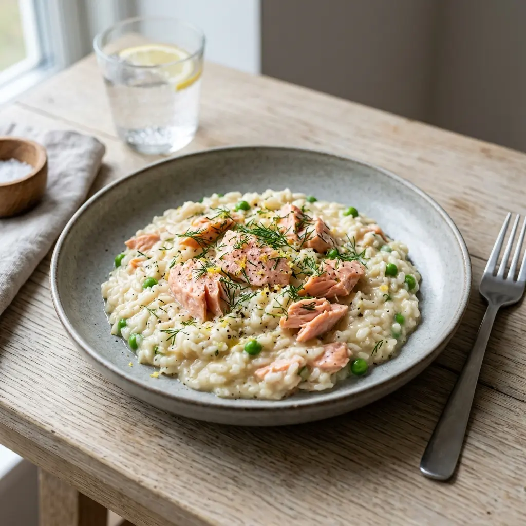 En smuk anretning af cremet risotto med laks pyntet med friske krydderurter på en tallerken
