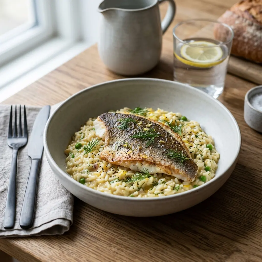 En smukt anrettet tallerken med cremet risotto med rødspætte pyntet med friske krydderurter på toppen