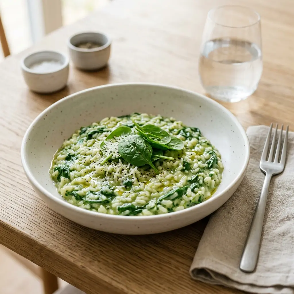 En cremet og indbydende risotto med spinat serveret i en dyb tallerken med frisk pynt
