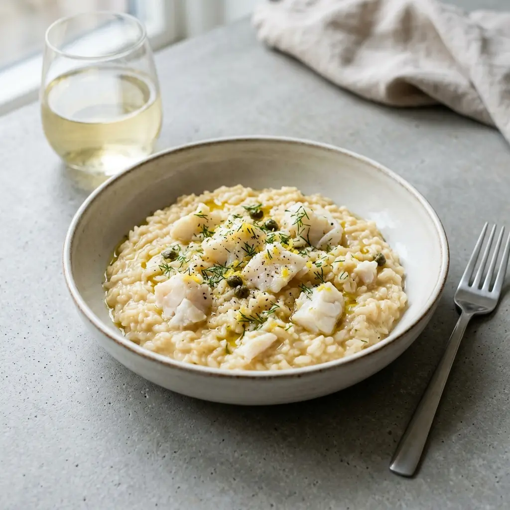 En lækker og cremet risotto med torsk anrettet på en flot tallerken klar til servering