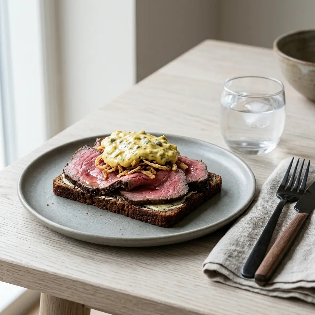 En lækker anretning af klassisk roastbeef med remoulade serveret på et flot serveringsfad til frokost