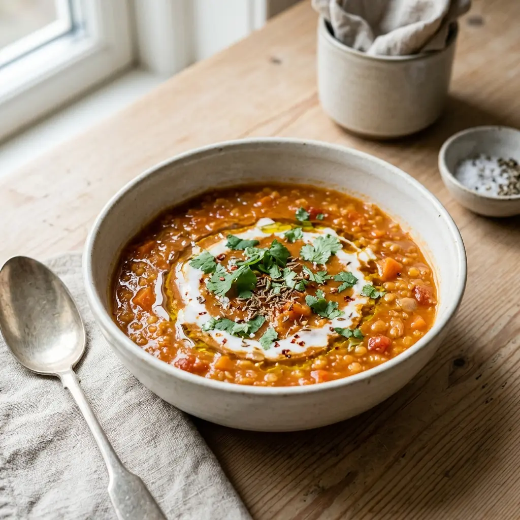En skål med varm og cremet rød linsesuppe serveret med et drys friske krydderurter på toppen