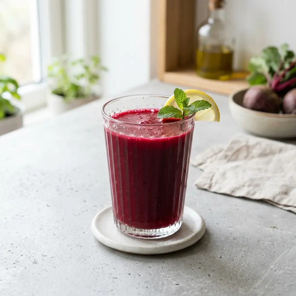 Et glas friskpresset rødbedejuice med en dyb rød farve placeret på et lyst køkkenbord
