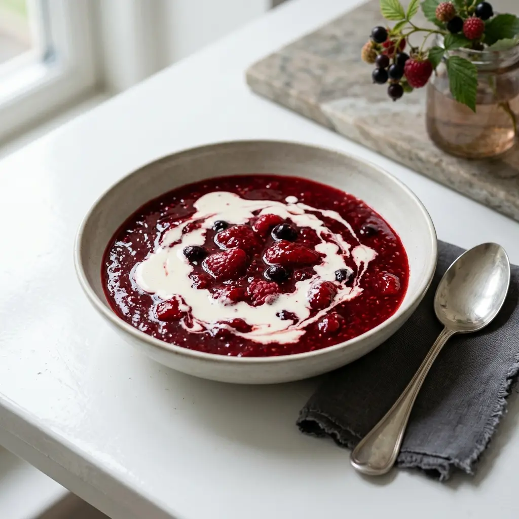 En klassisk dansk dessert bestående af en lækker rødgrød med fløde serveret i en skål