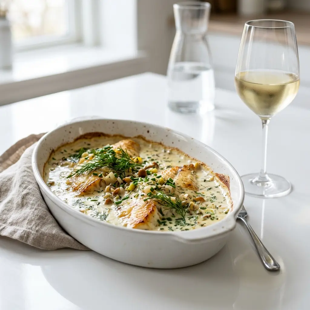 En lækker ovnbagt rødspætte i fad med flødesovs serveret med friske krydderurter og citron