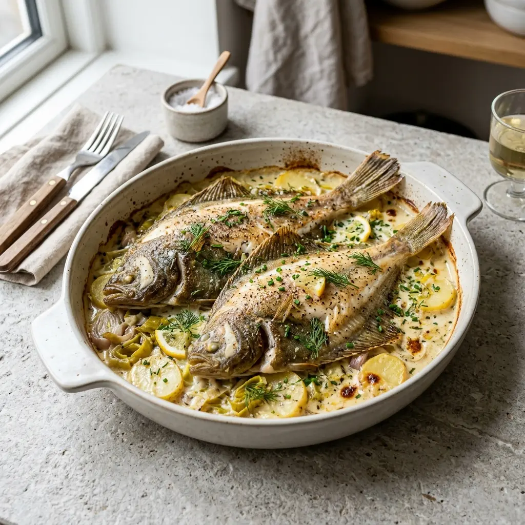 En lækker ovnbagt rødspætte i fad med porrer serveret med en cremet og smagfuld sauce
