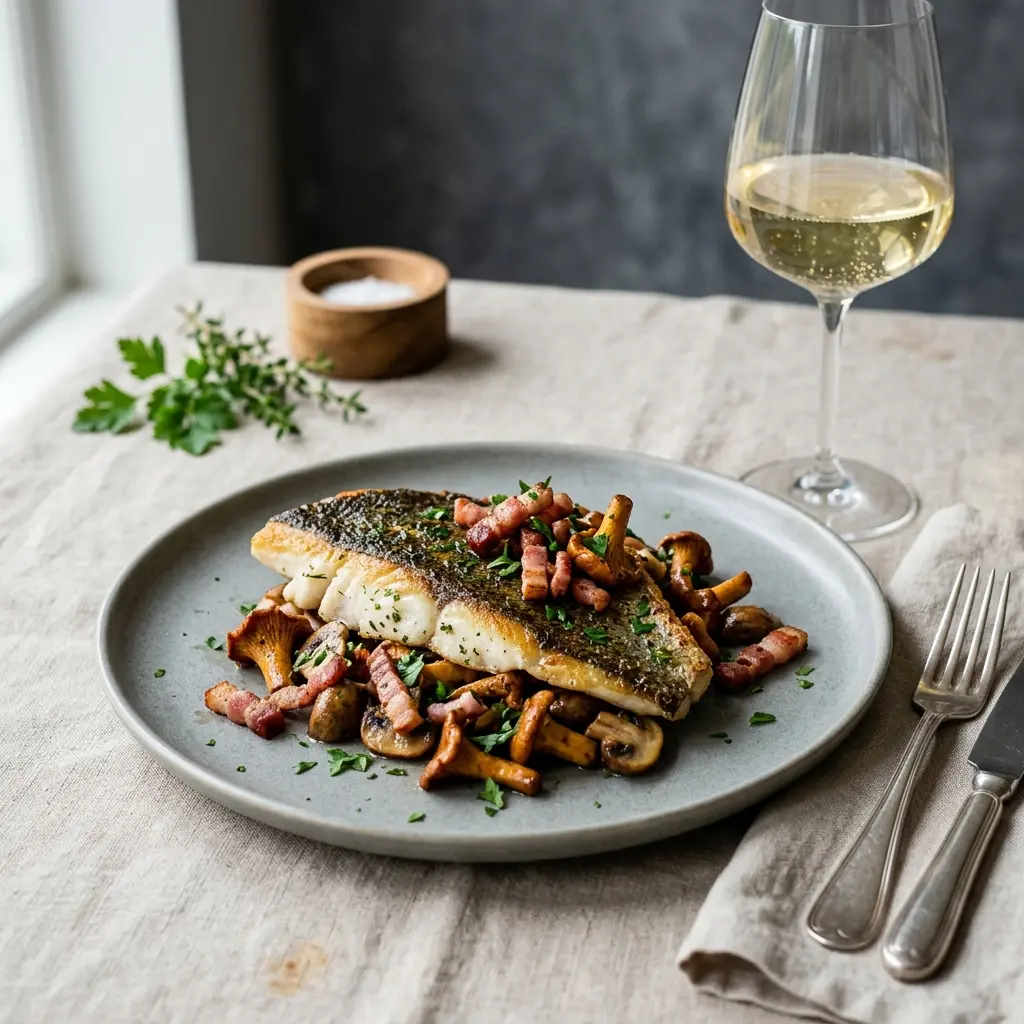 En lækker anretning af stegt rødspætte med bacon og svampe serveret på en hvid tallerken