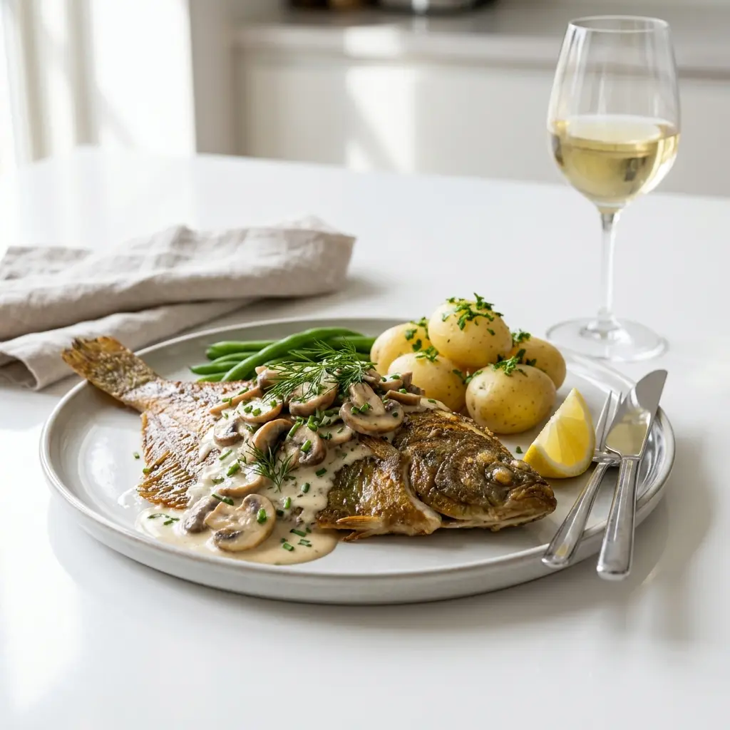 En lækker anretning af stegt rødspætte med champignon og fløde serveret på en tallerken