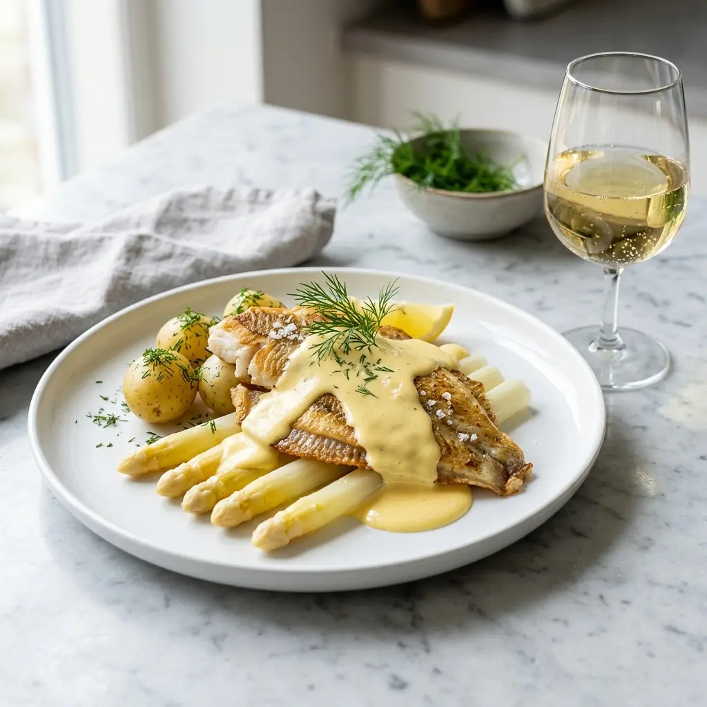 En lækker anretning af stegt rødspætte med hollandaisesauce serveret på en hvid tallerken til middag