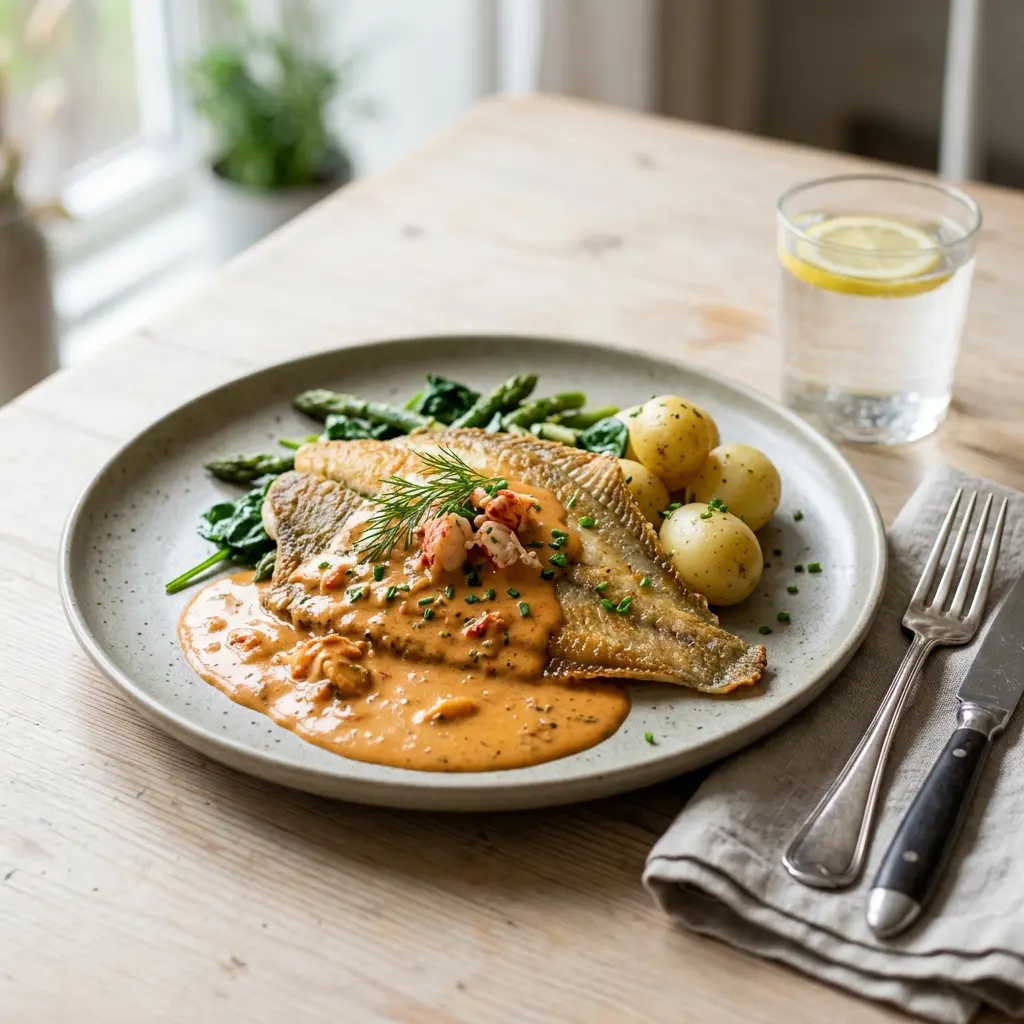 En lækker anretning af rødspætte med hummersauce serveret på en elegant hvid tallerken