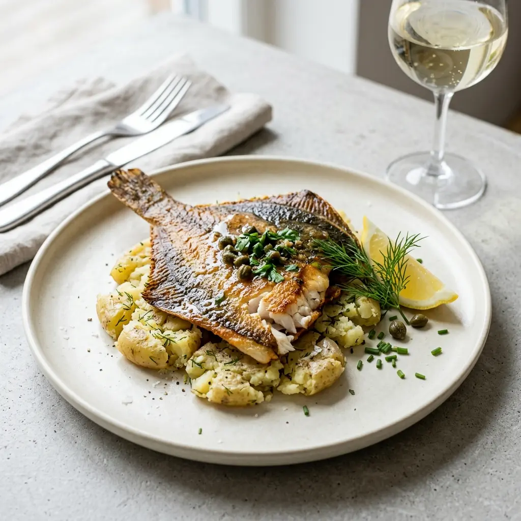 En lækker anretning af stegt rødspætte med knuste kartofler serveret med friske krydderurter på en tallerken
