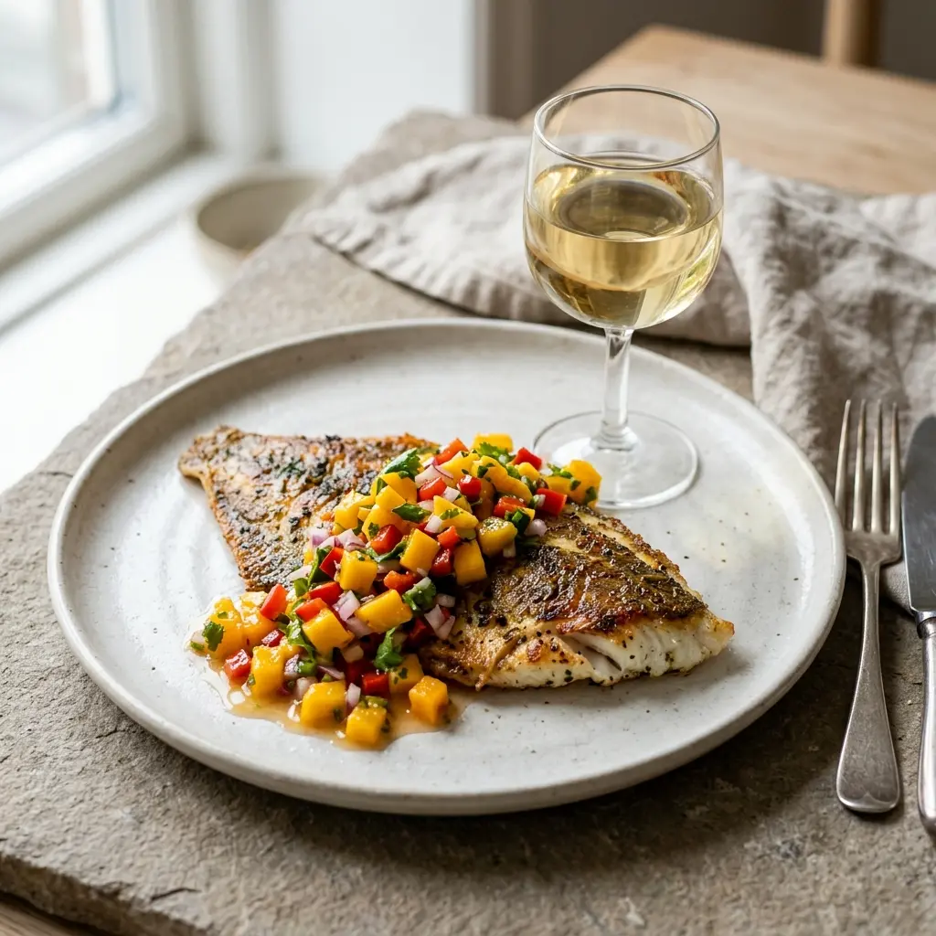 En smukt anrettet tallerken med stegt rødspætte med mangosalsa og friske krydderurter på toppen