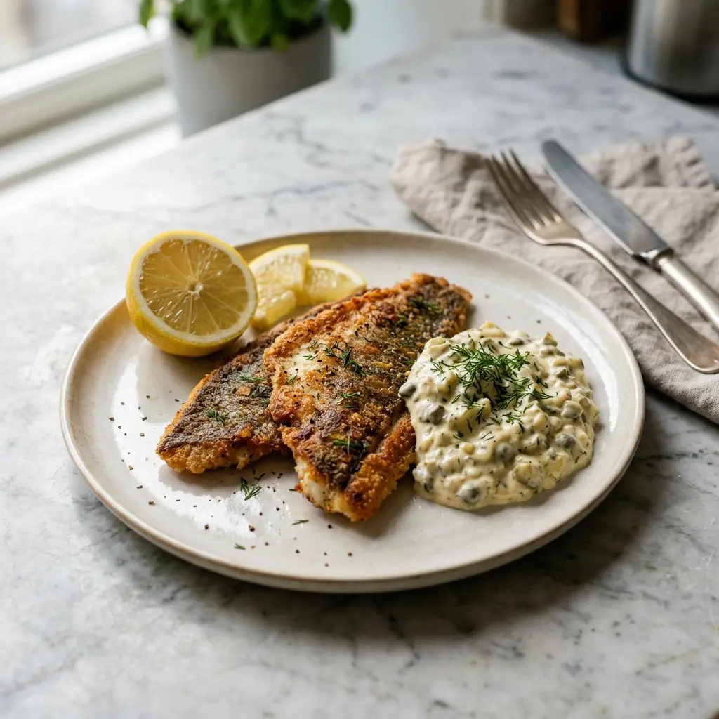 En lækker anretning af stegt rødspætte med remoulade og citron serveret på en hvid tallerken