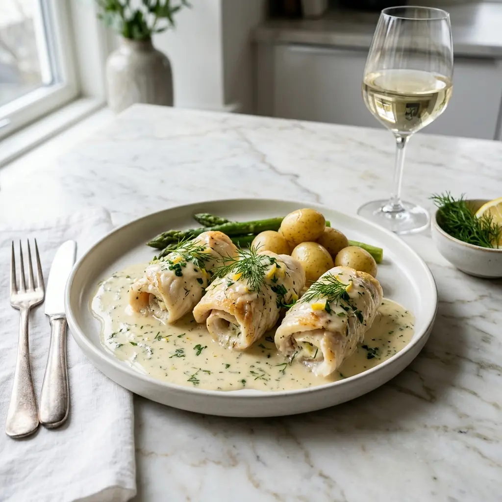 En lækker tallerken med hjemmelavede rødspætteruller i hvidvinssauce serveret med friske krydderurter og tilbehør