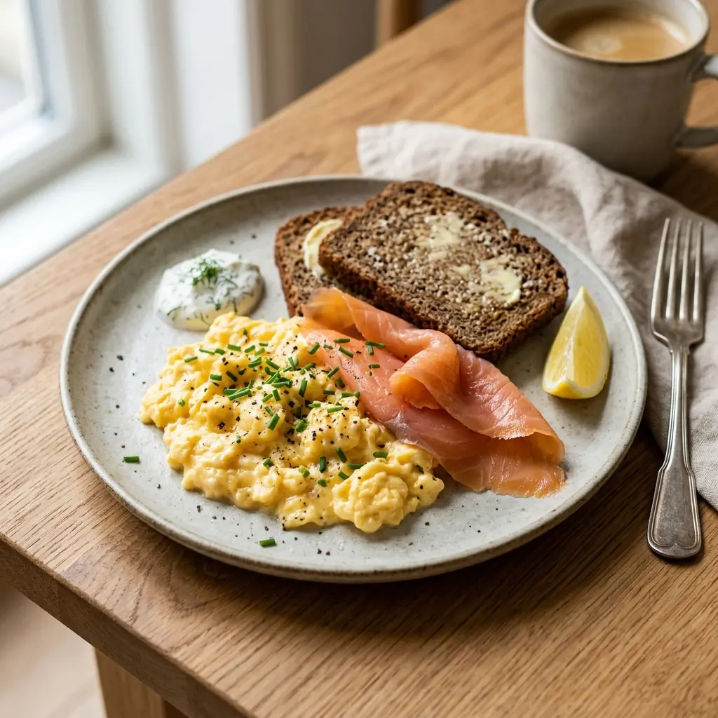 En lækker anretning af røget laks med røræg serveret på en tallerken til morgenmad eller brunch