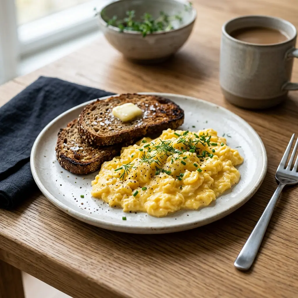 En tallerken med cremet og luftig røræg serveret som en klassisk og mættende morgenmad