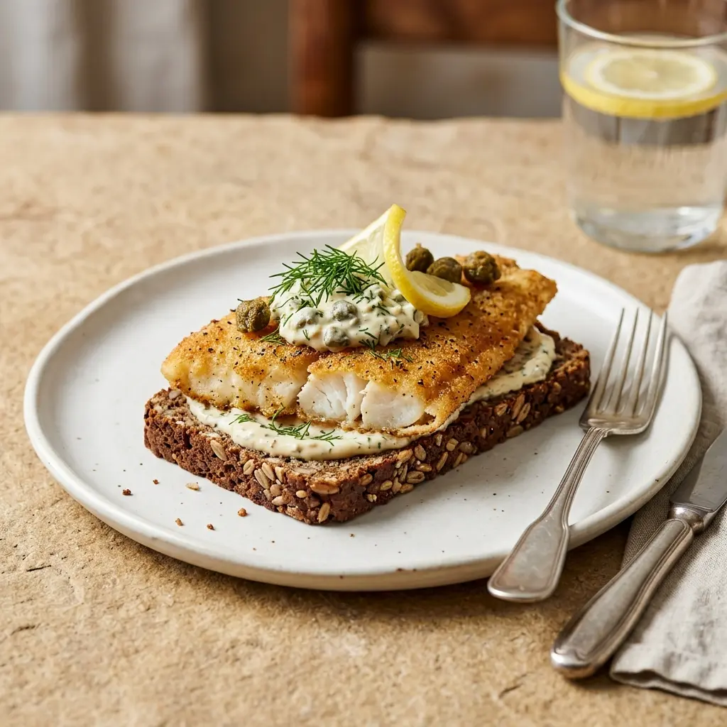 Et lækkert stykke rugbrød med rødspættefilet serveret som en klassisk og velsmagende dansk frokostanretning