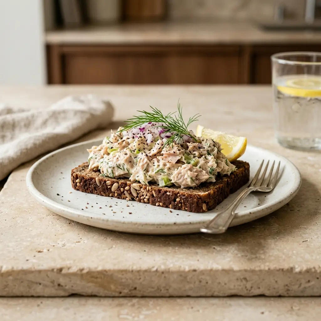 En lækker og hjemmelavet rugbrødsmad med tunsalat pyntet med friske krydderurter på en tallerken
