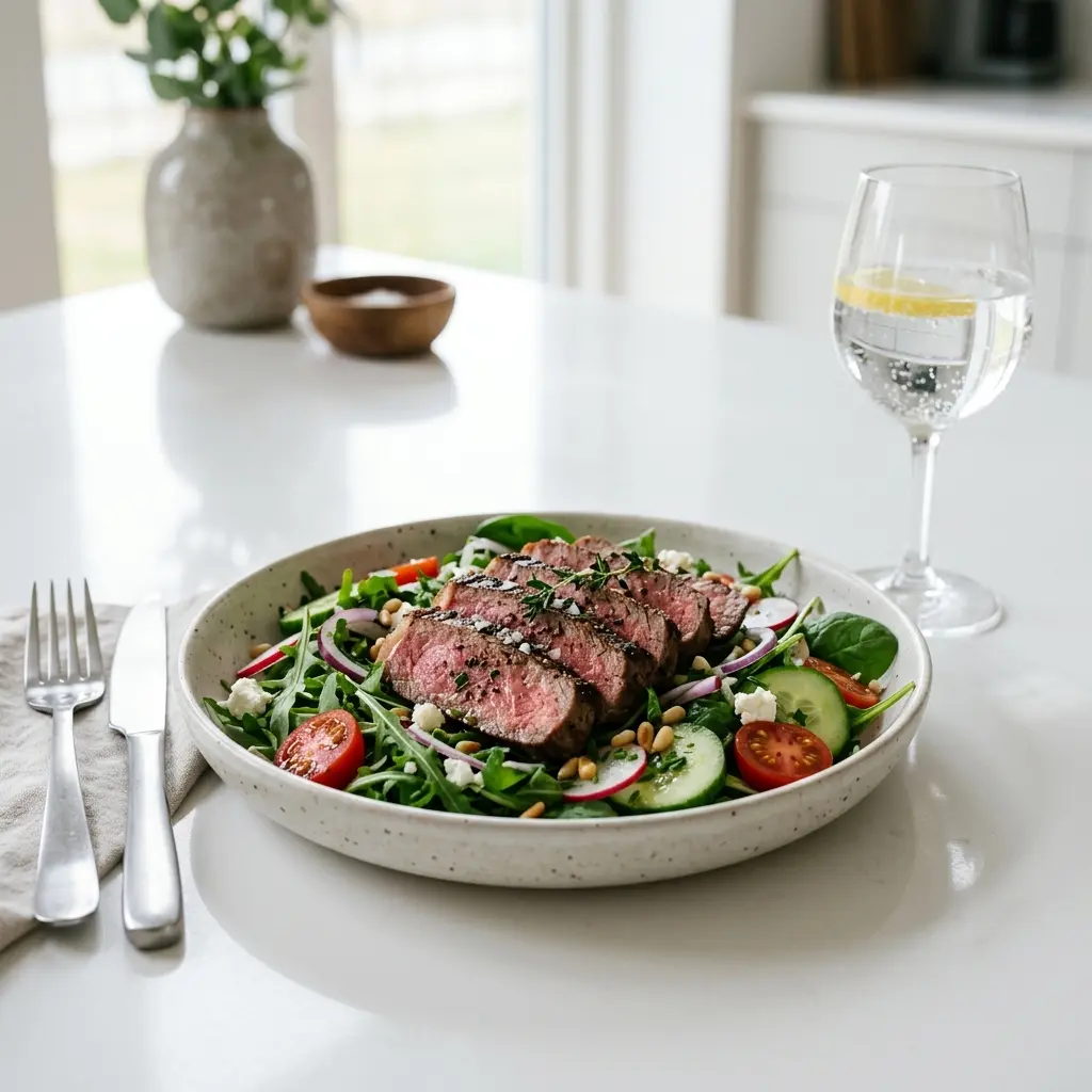 En frisk og farverig salat med steak serveret på en flot tallerken klar til servering