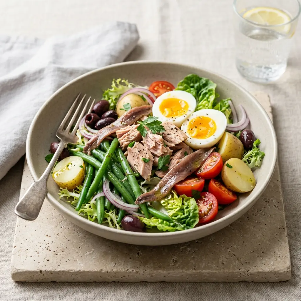 En farverig og frisk salat nicoise serveret på en tallerken med grønne bønner og oliven