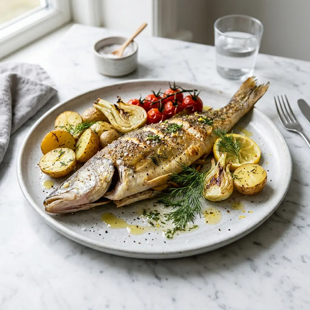 En lækker og saftig sandart i ovn serveret på et fad med friske krydderurter og citron