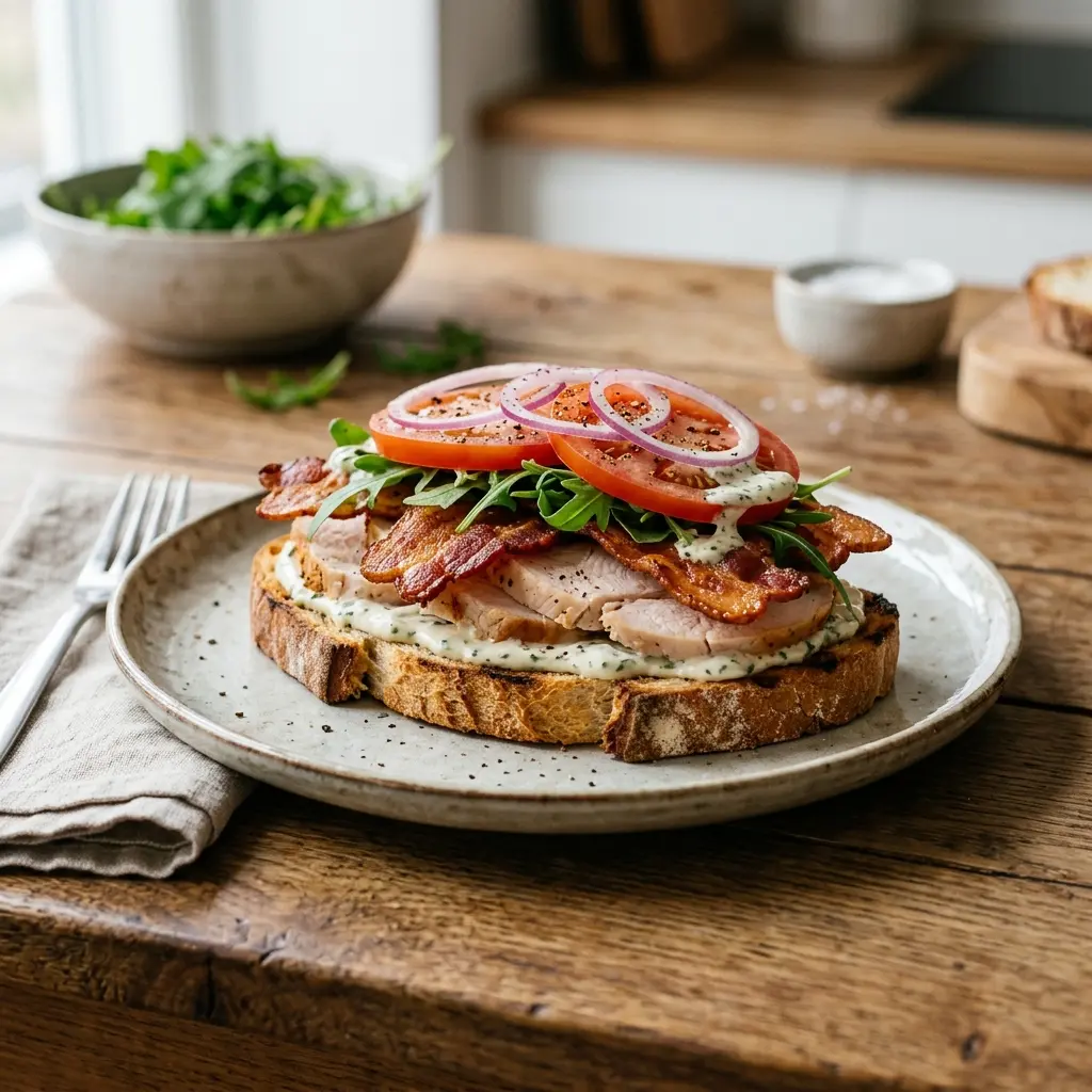 En lækker hjemmelavet sandwich med kalkun og bacon serveret på en rustik tallerken til frokost