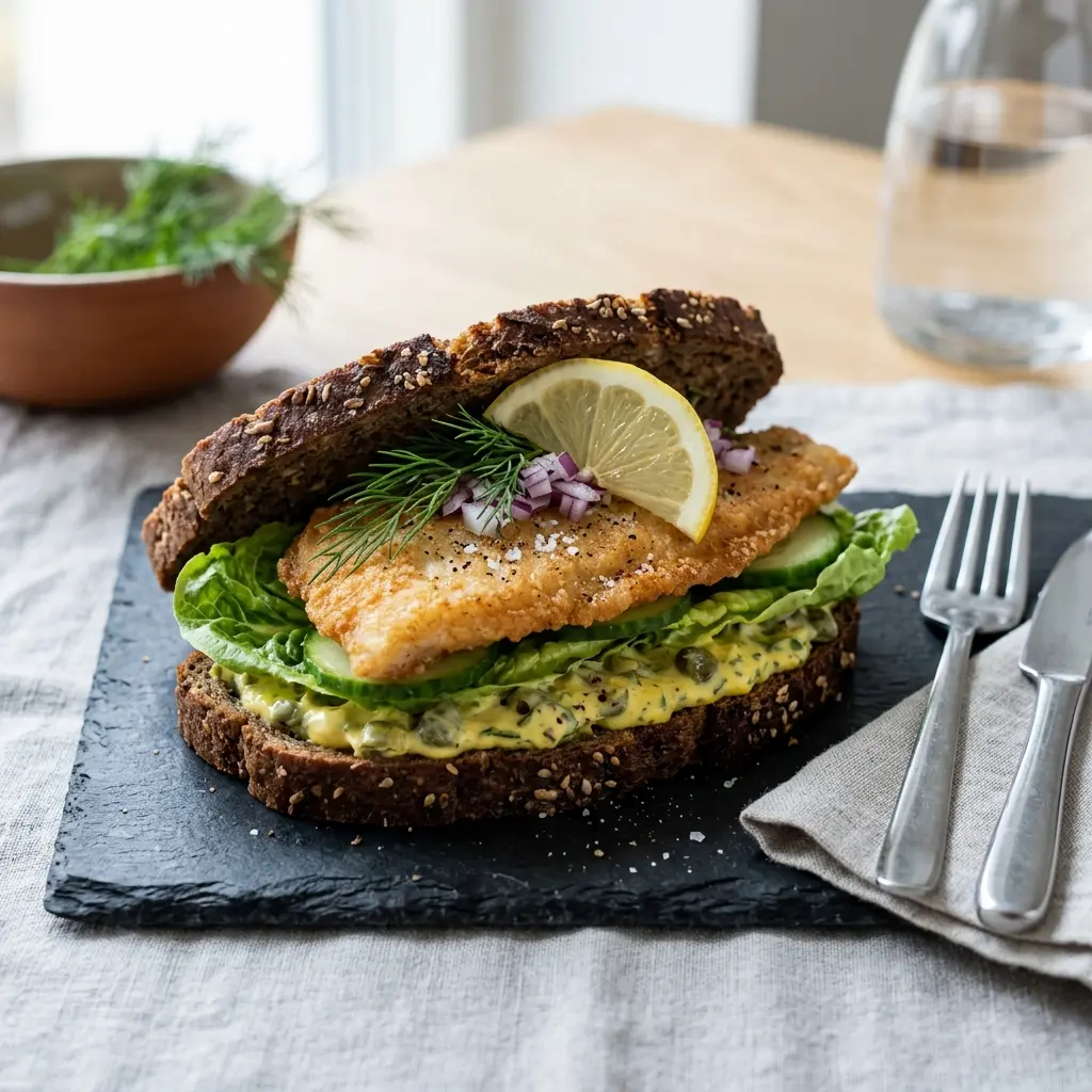 En lækker og sprød sandwich med rødspættefilet serveret på en tallerken klar til at spise