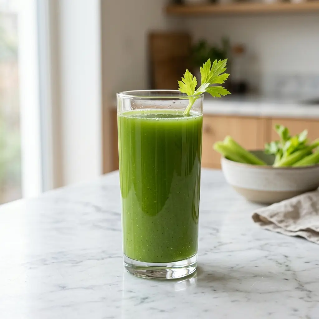 Et glas friskpresset grøn sellerijuice serveret med en stilk frisk selleri på et lyst bord