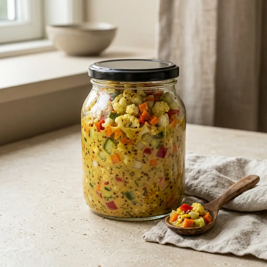 Et glas med hjemmelavede sennepspickles med sprøde grøntsager i en cremet og krydret gul sennepssauce